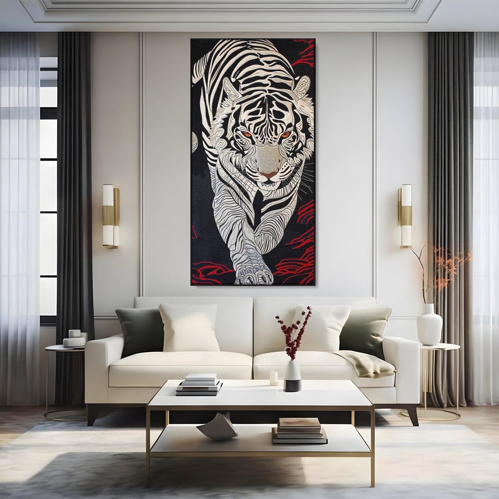 Tablou Canvas Vertical cu Tigru Alb pe Fundal Negru, Negru si Alb, M1429